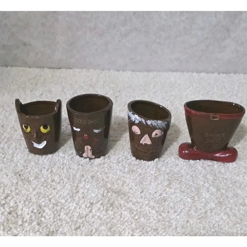 Vintage Japan Ceramic Novelty set of 8 Figural Shot Glasses Gun Shot Long Shot